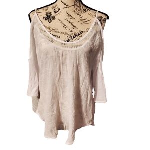 Bebe White Sheer Criss Cross Cold Shoulder Jersey Large